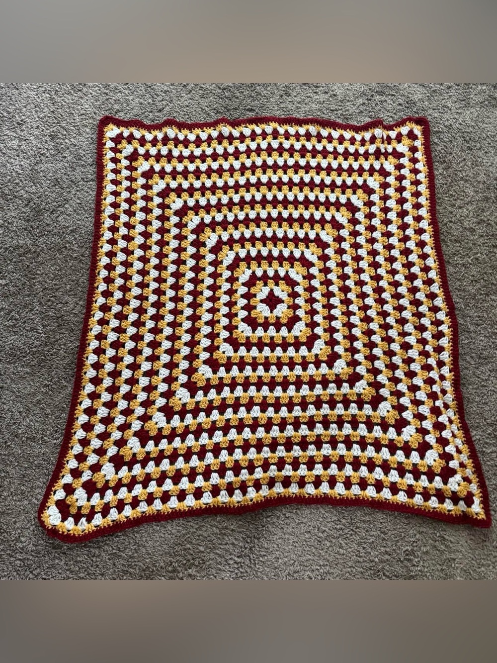 Handmade Crochet Burgundy Mustard Cream Afghan Blanket